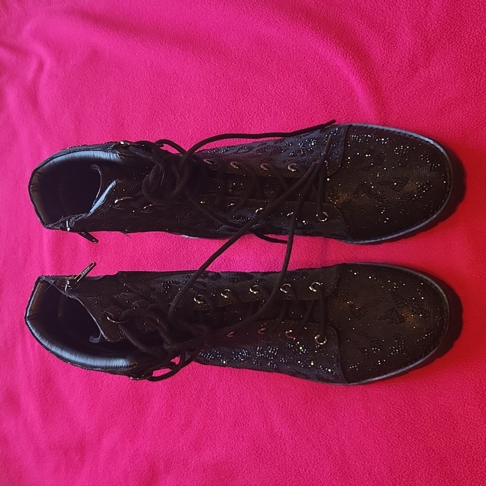Gianni Bini Sparkle Leopard Bling Black Boots Lace Up 10 New - Picture 2 of 9